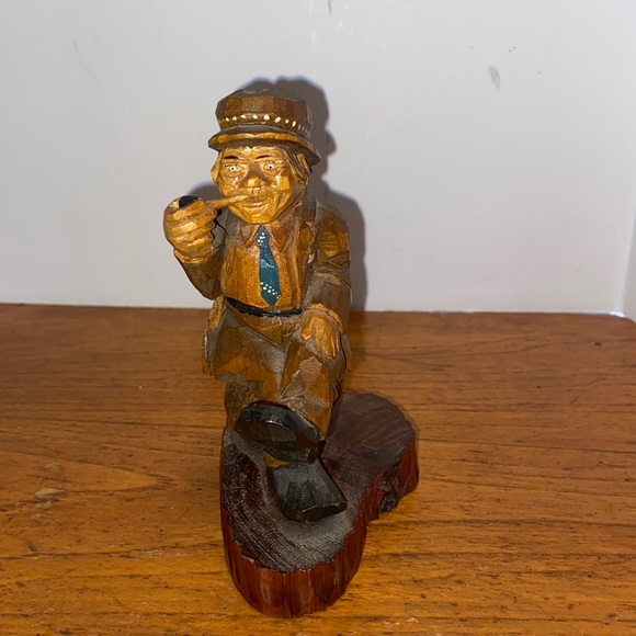 Hand Crafted Other - Vintage folk art wooden hand carved man sitting on a rock smoking a pie in suit
